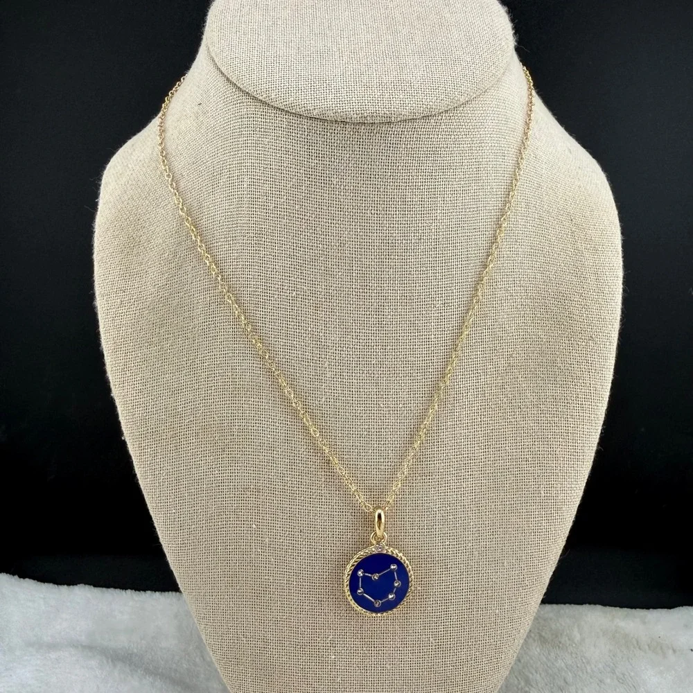 Zodiac Celestial Necklace Gold Blue Enamel Constellation Pendant 17in